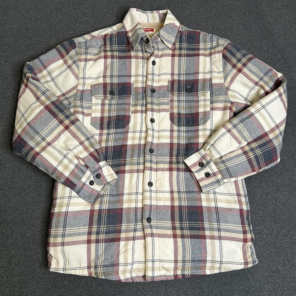 Wrangler Jacket Mens Small Beige Plaid Sherpa Lined Flannel Shirt Insulated